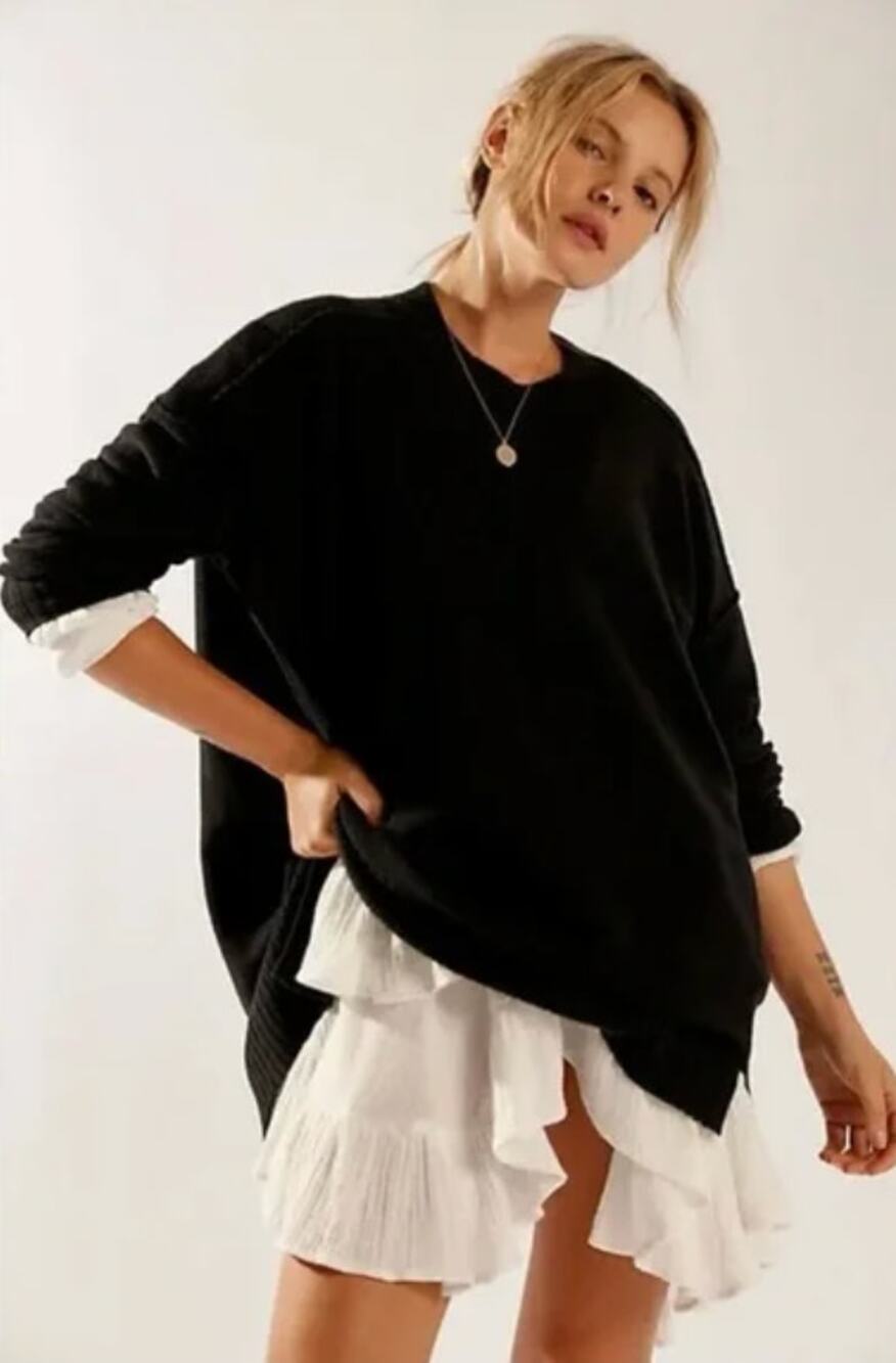 free people black phoebe crewneck ribbed trim sweater